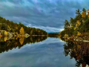 Der See im Nacka Naturreservat spiegelt die Herbstfarben wider. Ein magischer Halt auf unserer Wandertour in der Nähe von Stockholm.