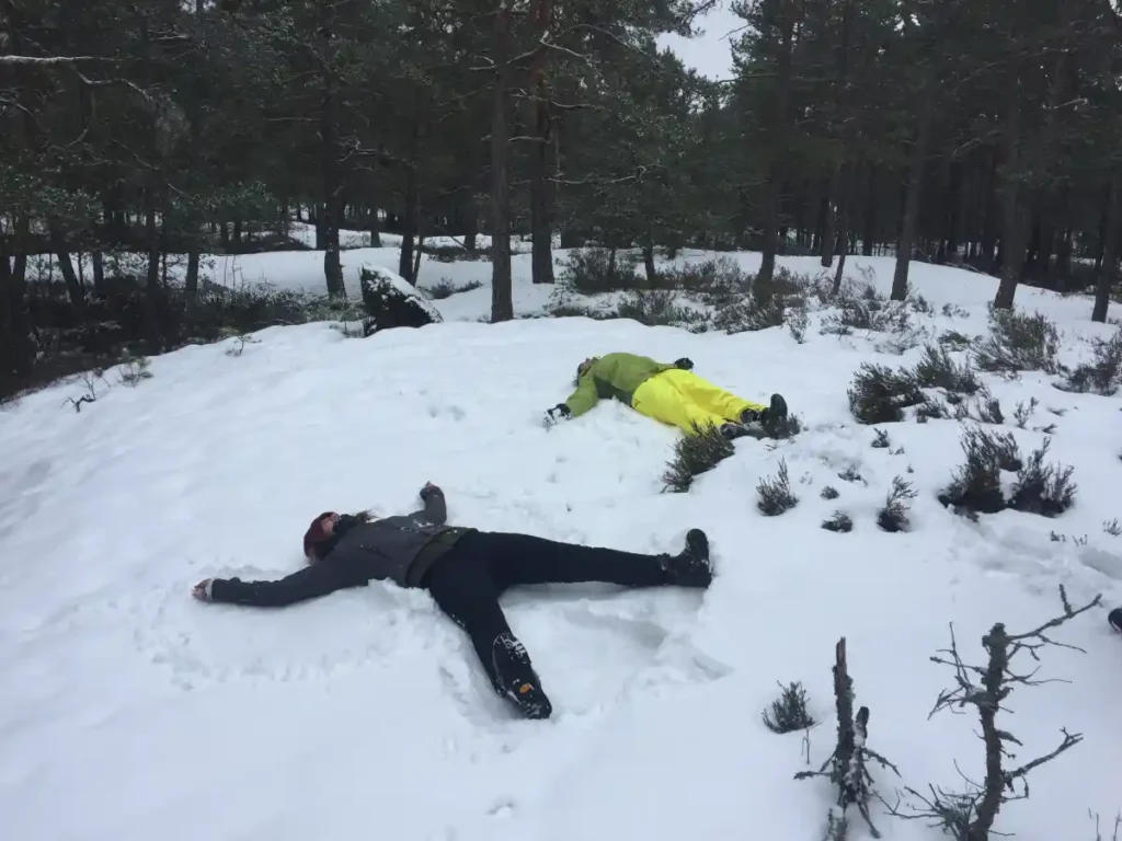 Kunden machen Schneeengel während einer geführten Winterwanderung in der Nähe von Stockholm