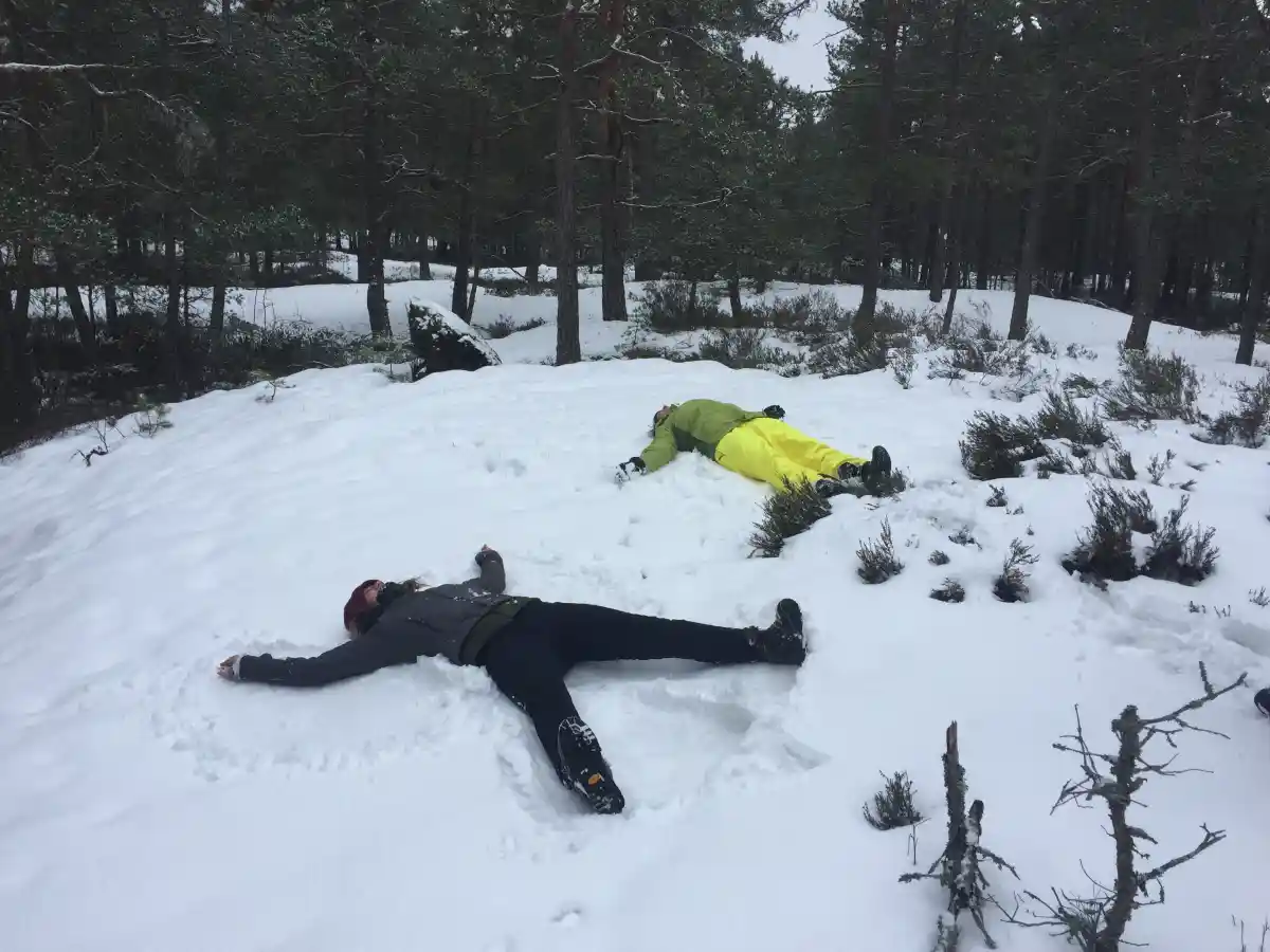 Customers making snow angels during a guided winter hiking tour near Stockholm