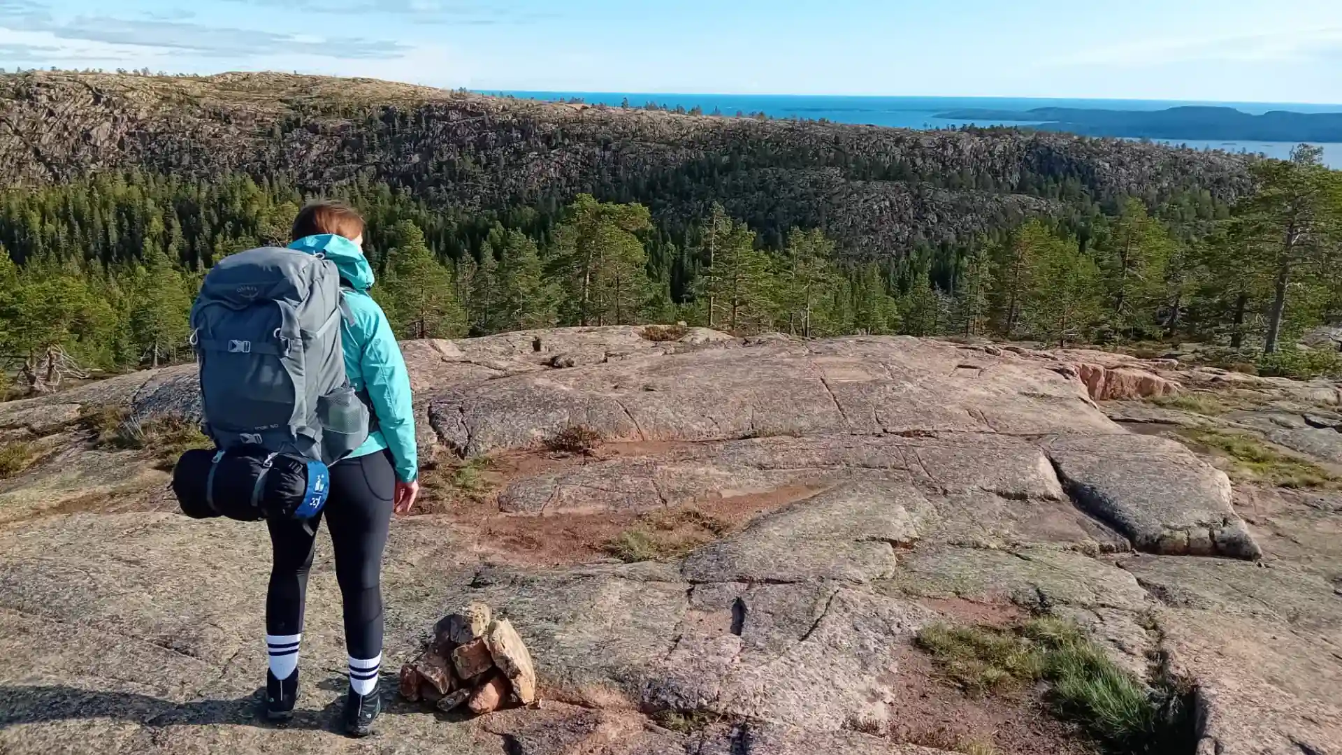 Un cliente durante una excursión organizada por la Costa Alta de Suecia con vistas a los acantilados