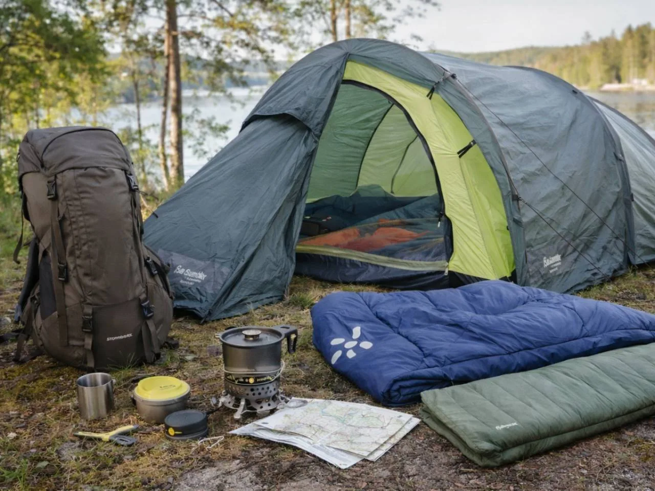 A set of camping equipment that can be rented in Stockholm
